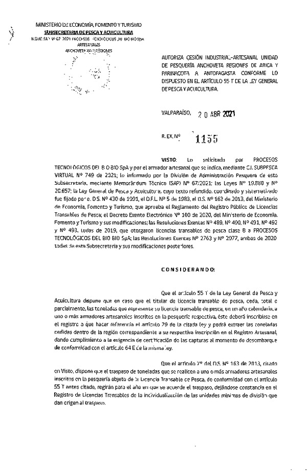 Res. Ex. N° 1155-2021 Autoriza Cesión Anchoveta, Regiones Arica y Parinacota a Antofagasta. (Publicado en Página Web 21-04-2021)