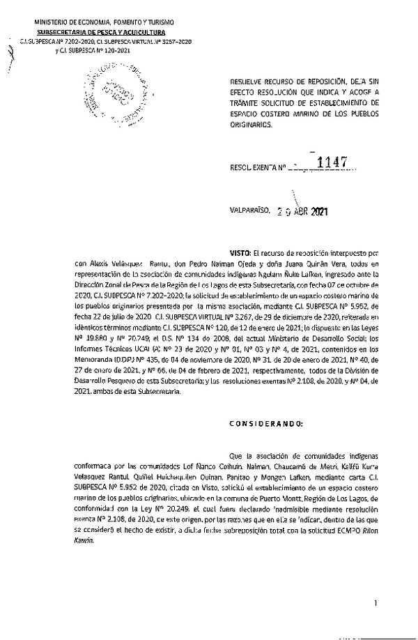 Res. Ex. N° 1147-2021 Resuelve recurso de reposición, deja sin efecto Resolución que indica y acoge a trámite solicitud de establecimiento de ECMPO. (Publicado en Página Web 22-04-2021)