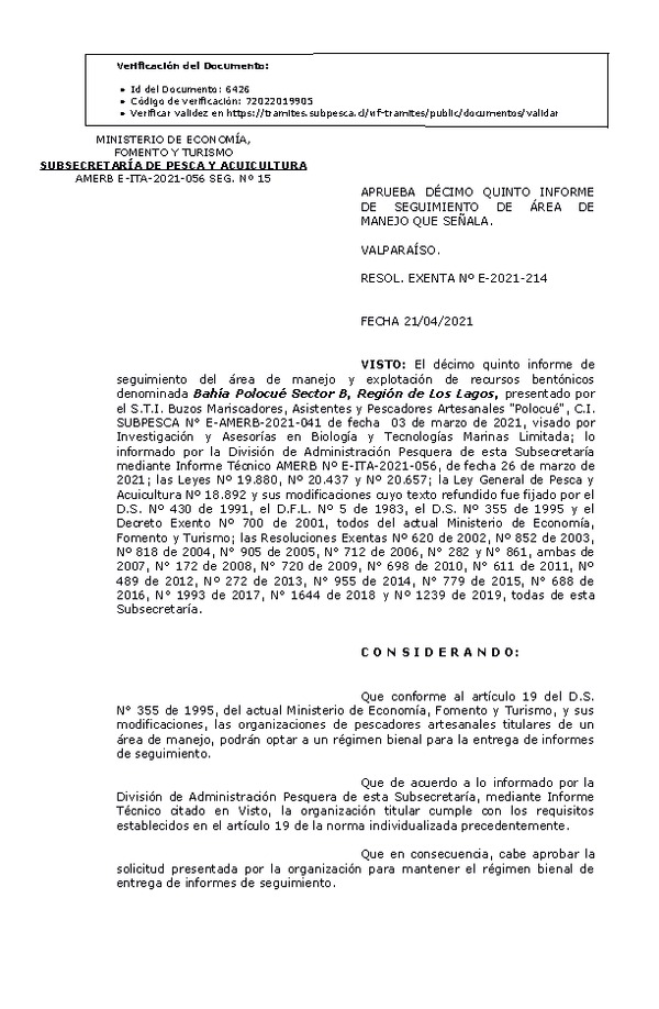 RESOL. EXENTA Nº E-2021-214 Aprueba 15° Seguimiento. (Publicado en Página Web 22-04-2021)