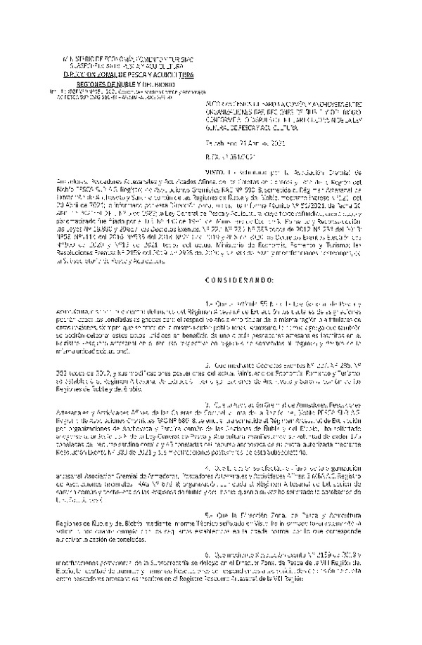 Res. Ex. N° 051-2021 (DZP Ñuble y del Biobío) Autoriza cesión Sardina Común y Anchoveta Región de Ñuble-Biobío (Publicado en Página Web 22-04-2021)