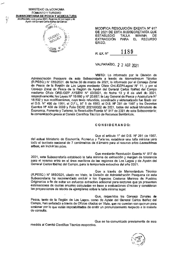 Res. Ex. N° 1189-2021 Modifica Res. Ex. N° 917-2021 Establece Talla Mínima de Extracción para el Recurso Erizo y Margen de Tolerancia en Regiones de Los Lagos y de Aysén. (Publicado en Página Web 22-04-2021)