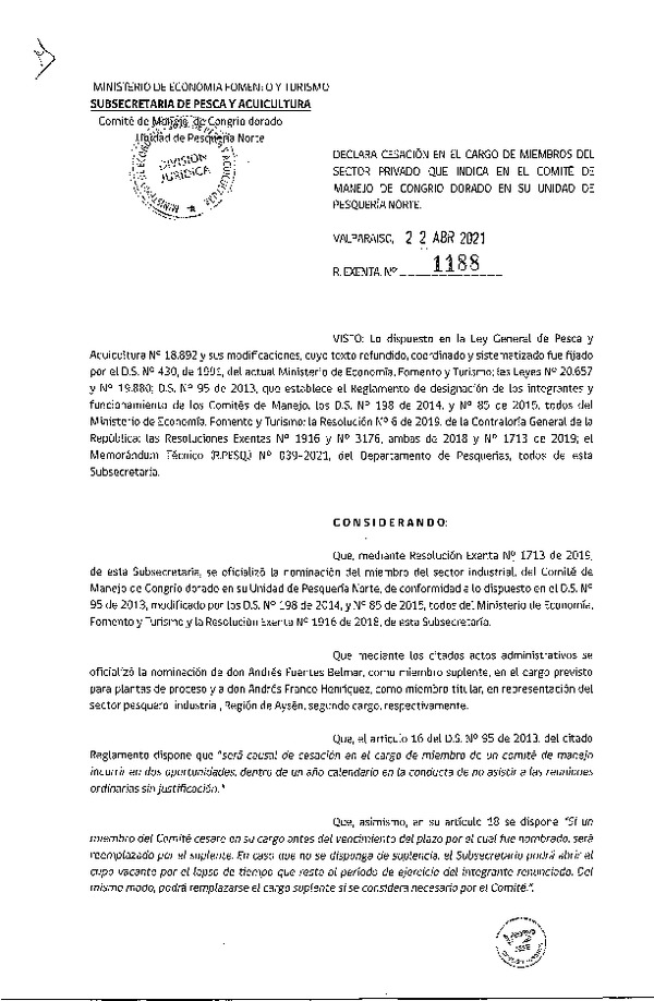 Res. Ex. N° 1188-2021 Declara Cesación en el Cargo de Miembros del Sector Privado que Indica en el Comité de Manejo de Congrio Dorado Unidad Pesquería Norte (Publicado en Página Web 22-04-2021)