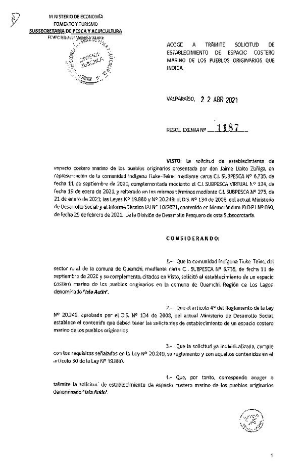Res. Ex. N° 1187-2021 Acoge a trámite solicitud de establecimiento de ECMPO Isla Aulin. (Publicado en Página Web 22-04-2021)