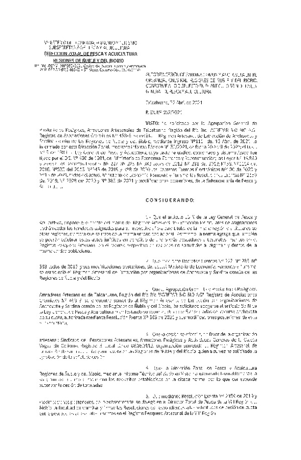 Res. Ex. N° 052-2021 (DZP Ñuble y del Biobío) Autoriza cesión Sardina Común y Anchoveta Región de Ñuble-Biobío (Publicado en Página Web 23-04-2021)