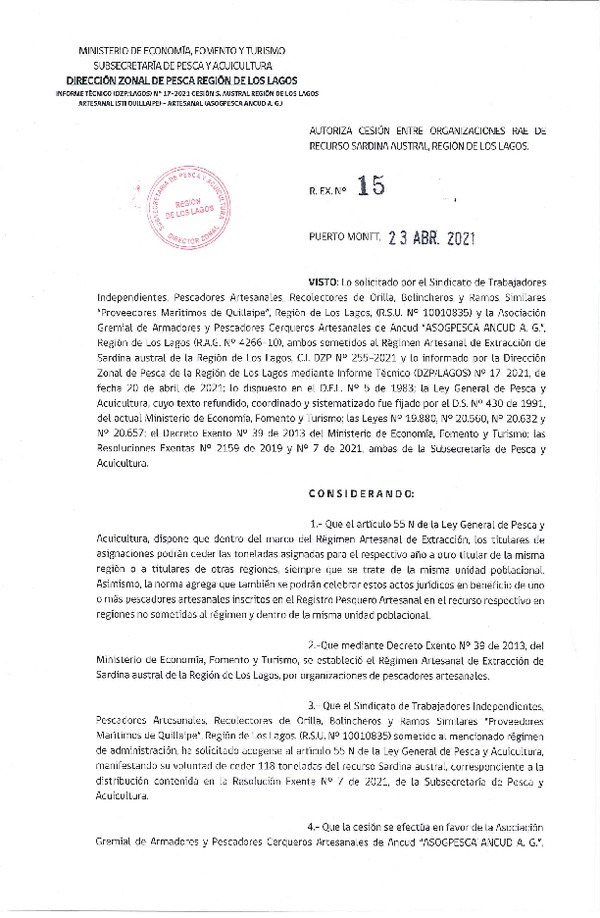 Res. Ex. 15-2021 (DZP Región de Los Lagos) Autoriza cesión sardina austral Región de Los Lagos. (Publicado en Página Web 23-04-2021)