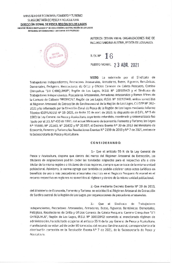 Res. Ex. 16-2021 (DZP Región de Los Lagos) Autoriza cesión sardina austral Región de Los Lagos. (Publicado en Página Web 23-04-2021)
