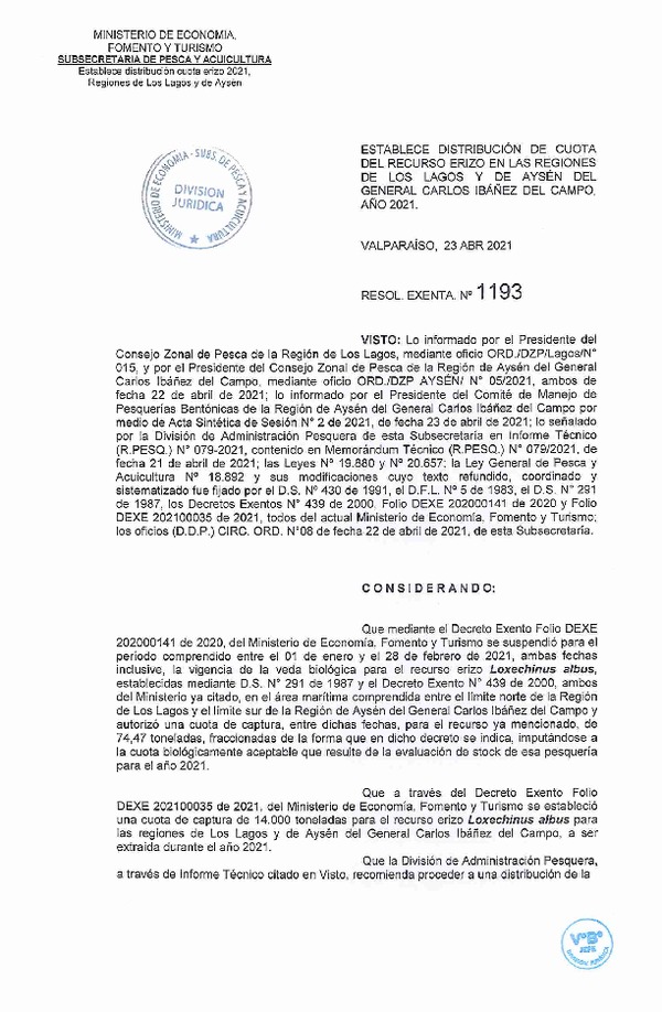 Res. Ex. N° 1193-2021 Establece Distribución Cuota del Recurso Erizo, Regiones de Los Lagos y de Aysén del General Carlos Ibañez del Campo, Año 2021. (Publicado en Página Web 23-04-2021)