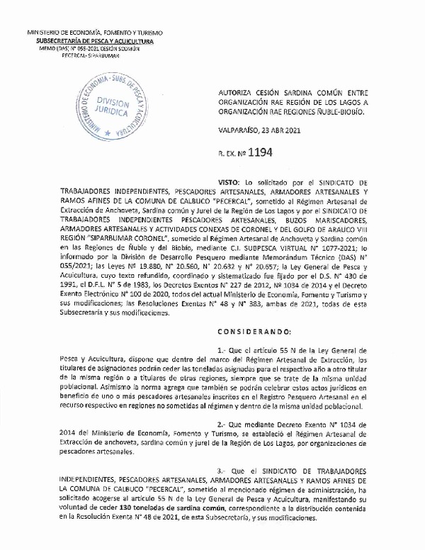 Res. Ex. N° 1194-2021 Autoriza Cesión sardina común Regiones Los Lagos a Ñuble-Biobío. (Publicado en Página Web 23-04-2021).
