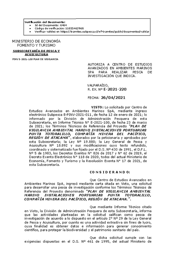 R. EX. Nº E-2021-220 PLAN DE VIGILANCIA AMBIENTAL MARINO INSTALACIONES PORTUARIAS PUNTA TOTORALILLO, COMPAÑÍA MINERA DEL PACÍFICO, REGIÓN DE ATACAMA. (Publicado en Página Web 27-04-2021)