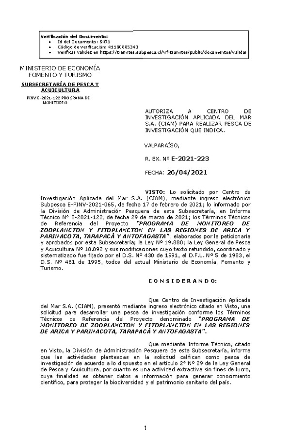 R. EX. Nº E-2021-223 PROGRAMA DE MONITOREO DE ZOOPLANCTON Y FITOPLANCTON EN LAS REGIONES DE ARICA Y PARINACOTA, TARAPACÁ Y ANTOFAGASTA. (Publicado en Página Web 27-04-2021)