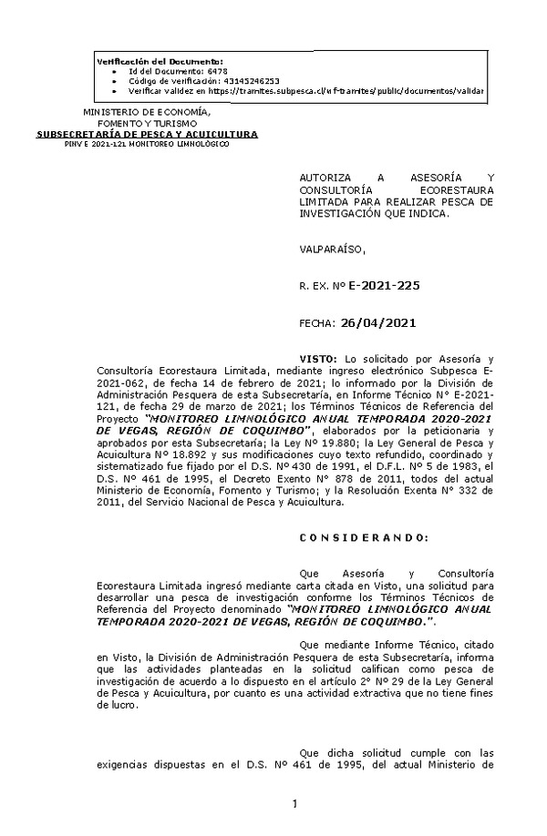 R. EX. Nº E-2021-225 MONITOREO LIMNOLÓGICO ANUAL TEMPORADA 2020-2021 DE VEGAS, REGIÓN DE COQUIMBO. (Publicado en Página Web 27-04-2021)