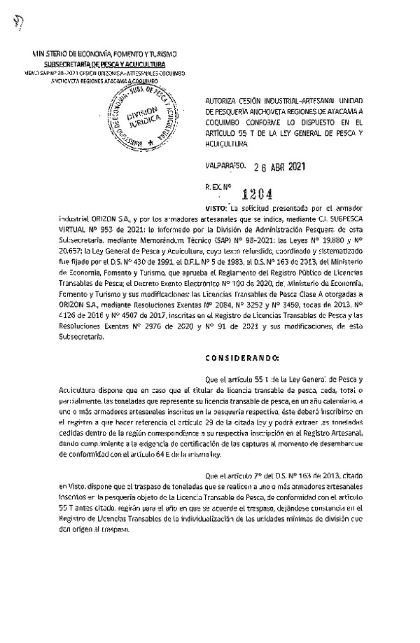 Res. Ex. N° 1204-2021 Autoriza Cesión Anchoveta, Regiones de Atacama a Coquimbo. (Publicado en Página Web 27-04-2021)