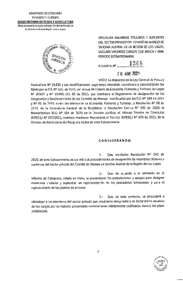 Res. Ex. N° 1208-2021 Oficializa Miembros Titulares y Suplentes del Sector Privado del Comité de Manejo de Sardina Austral, Región de Los Lagos. (Publicado en Página Web 27-04-2021)