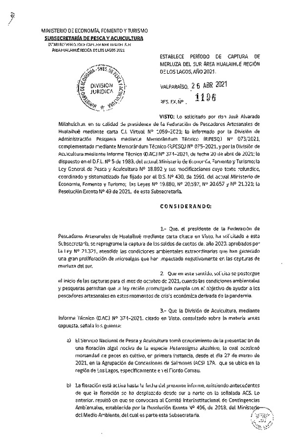 Res. Ex. N° 1196-2021 Establece Periodo de Captura de Merluza del Sur Área Hualaihué, Región de Los Lagos, Año 2021. (Publicado en Página Web 27-04-2021)