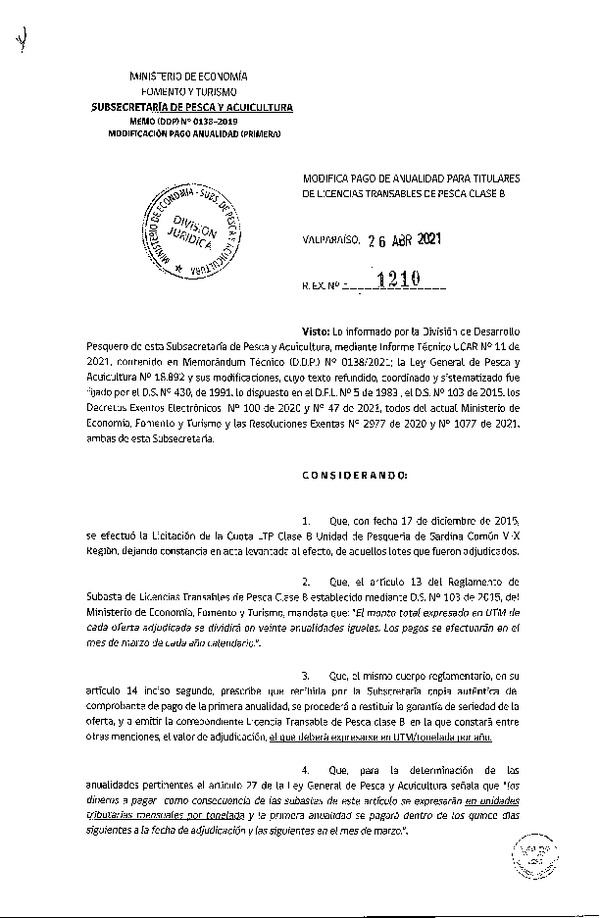 Res. Ex. N° 1210-2021 Modifica Pago de Anualidad para Titulares de Licencias Transables de Pesca Clase B. (Publicado en Página Web 27-04-2021)