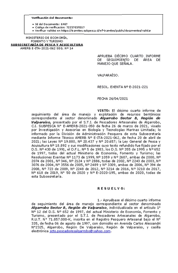 RESOL. EXENTA Nº E-2021-221 Aprueba 14° Seguimiento. (Publicado en Página Web 27-04-2021)