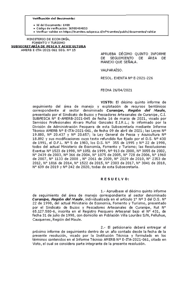 Res. Ex. N° 242-2020, Aprueba Décimo cuarto informe de seguimiento de área de manejo que señala.