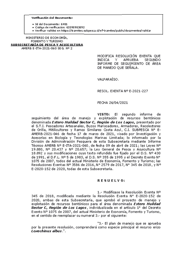 RESOL. EXENTA Nº E-2021-227  Modifica Resolución que Indica. Aprueba 2° Seguimiento. (Publicado en Página Web 27-04-2021)