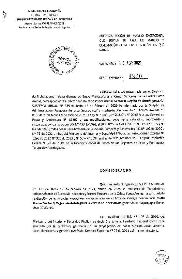 Res. Ex. N° 1220-2021 Autoriza acción de manejo excepcional que señala. (Publicado en Página Web 27-04-2021)