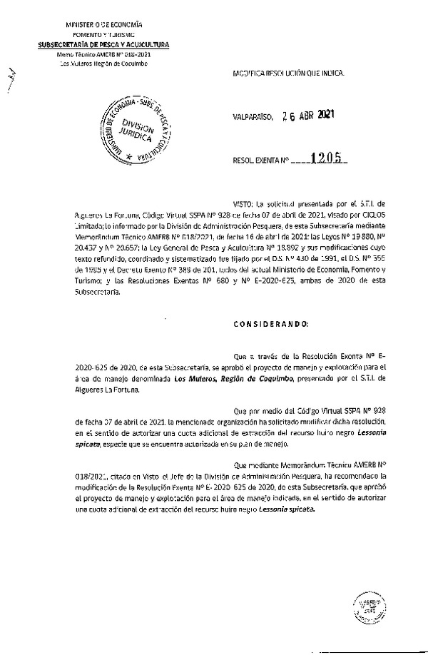 Res. Ex. N° 1205-2021 Modifica RESOL. EXENTA Nº E-2020-625 Plan de Manejo. (Publicado en Página Web 27-04-2021)