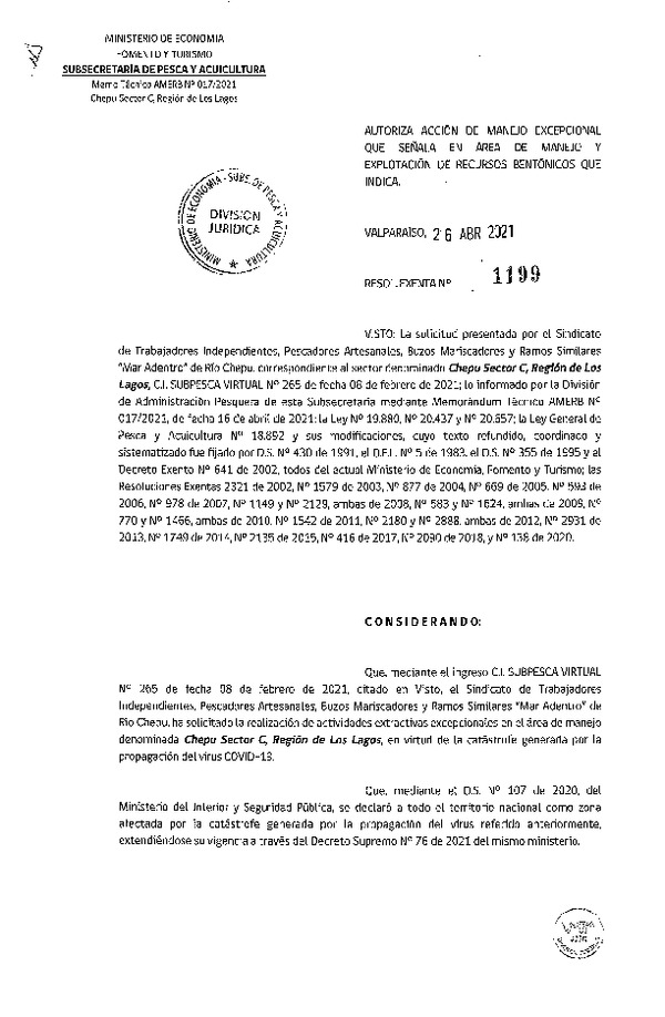 Res. Ex. N° 1199-2021 Autoriza acción de manejo excepcional que señala. (Publicado en Página Web 27-04-2021)