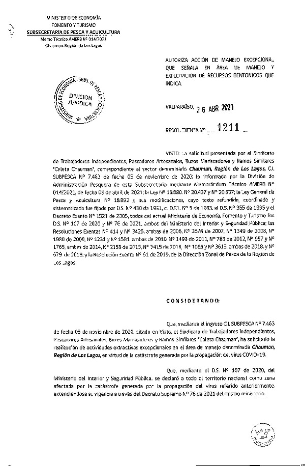 Res. Ex. N° 1211-2021 Autoriza acción de manejo excepcional que señala. (Publicado en Página Web 27-04-2021)