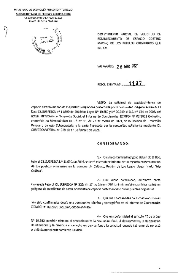 Res. Ex. N° 1197-2021 Desistimiento parcial de solicitud de ECMPO que indica. (Publicado en Página Web 27-04-2021)