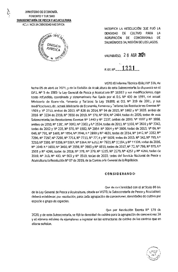 Res. Ex. N° 1221-2021 Modifica Res. Ex. N° 179-2020 Fija Densidad de Cultivo para la Agrupación de Concesiones de Salmónidos 3A, Región de Los Lagos. (Con Informe Técnico) (Publicado en Página Web 27-04-2021)