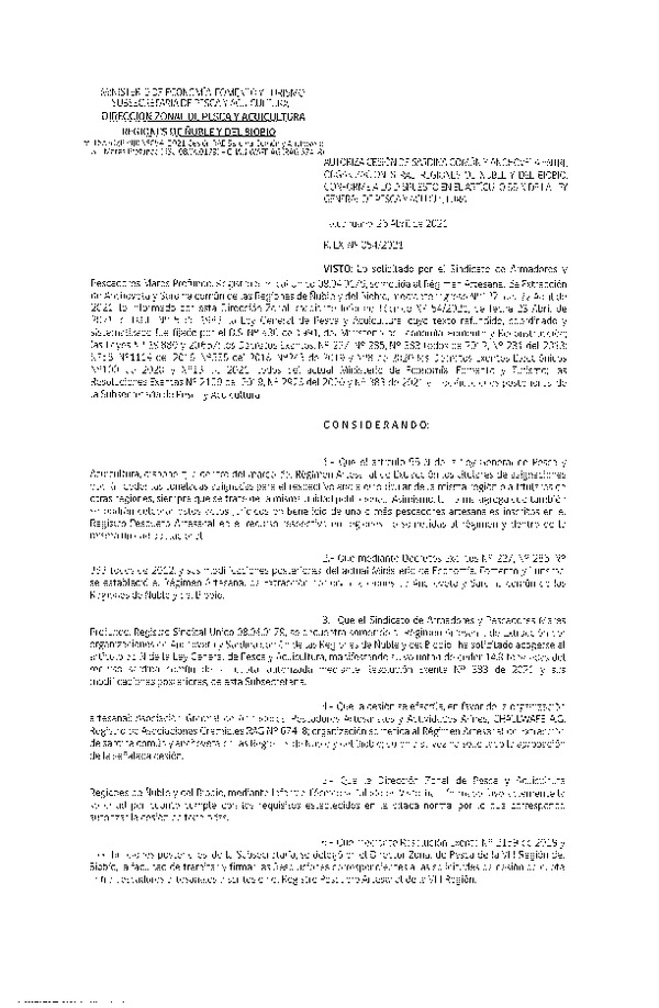 Res. Ex. N° 054-2021 (DZP Ñuble y del Biobío) Autoriza cesión Sardina Común y Anchoveta Región de Ñuble-Biobío (Publicado en Página Web 27-04-2021)