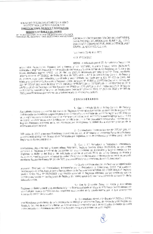 Res. Ex. N° 055-2021 (DZP Ñuble y del Biobío) Autoriza cesión Sardina Común y Anchoveta Región de Ñuble-Biobío (Publicado en Página Web 27-04-2021)