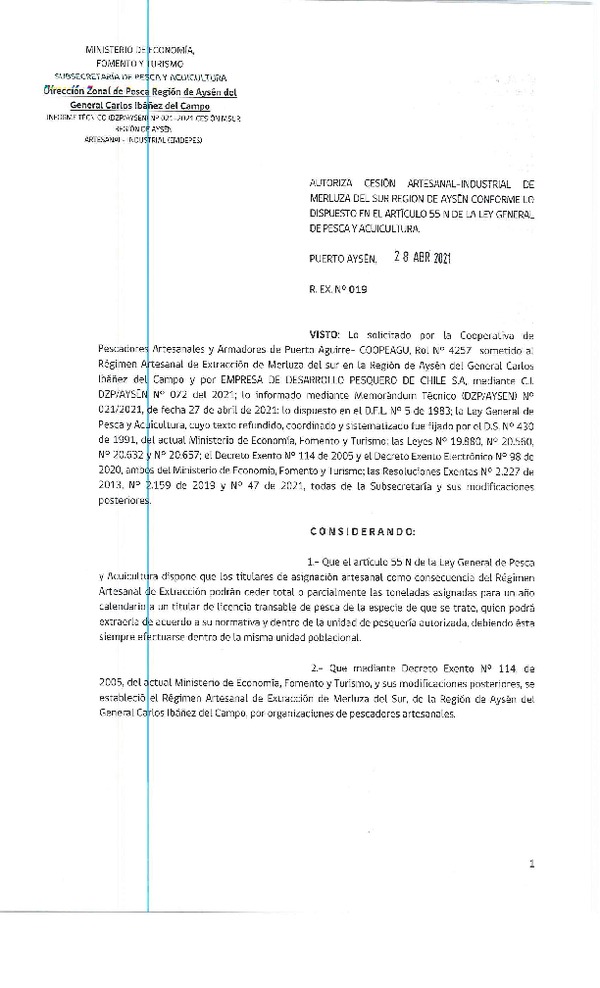 Res. Ex. N° 019-2021 (DZP Región de Aysén) Autoriza cesión Merluza del Sur. (Publicado en Página Web 28-04-2021)