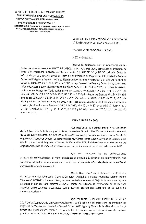 Res. Ex. N° 005-2021 (DZP Regiones de Valparaíso -O'Higgins y Maule) Modifica Res. Ex. DIG N° 63-2020 Distribución de la Fracción Artesanal de Pesquería de Merluza común Individual, Región del Maule. (Publicado en Página Web 28-04-2021)