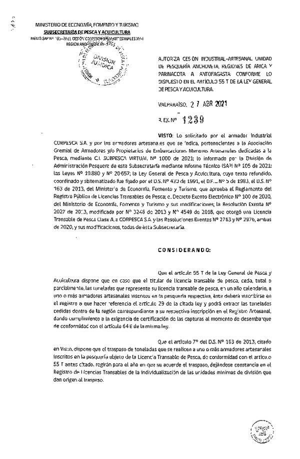 Res. Ex. N° 1239-2021 Autoriza Cesión Anchoveta, Regiones de Arica y Parinacota a Región de Antofagasta. (Publicado en Página Web 29-04-2021)