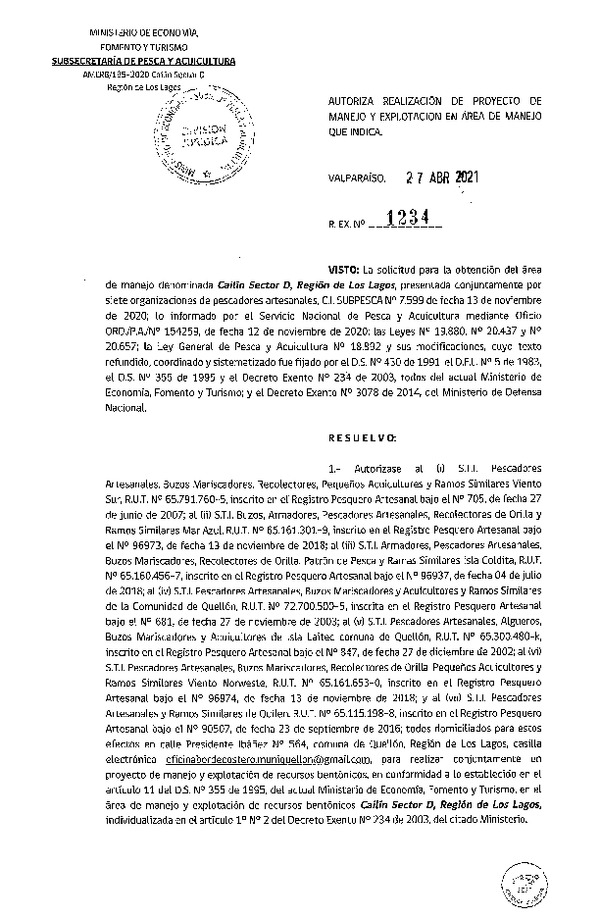 Res. Ex. N° 1234-2021 Autoriza Proyecto de Manejo. (Publicado en Página Web 29-04-2021)