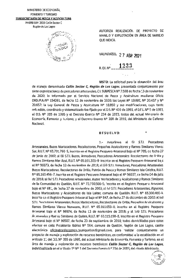 Res. Ex. N° 1233-2021 Autoriza Proyecto de Manejo. (Publicado en Página Web 29-04-2021)