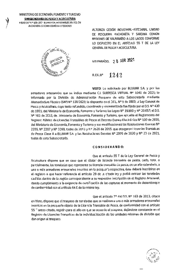Res. Ex. N° 1242-2021 Autoriza Cesión Anchoveta y Sardina común, Regiones de Valparaíso a Los Lagos. (Publicado en Página Web 29-04-2021)