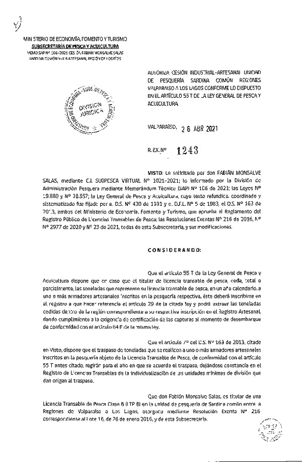 Res. Ex. N° 1243-2021 Autoriza Cesión Anchoveta y Sardina común, Regiones de Valparaíso a Los Lagos. (Publicado en Página Web 29-04-2021)