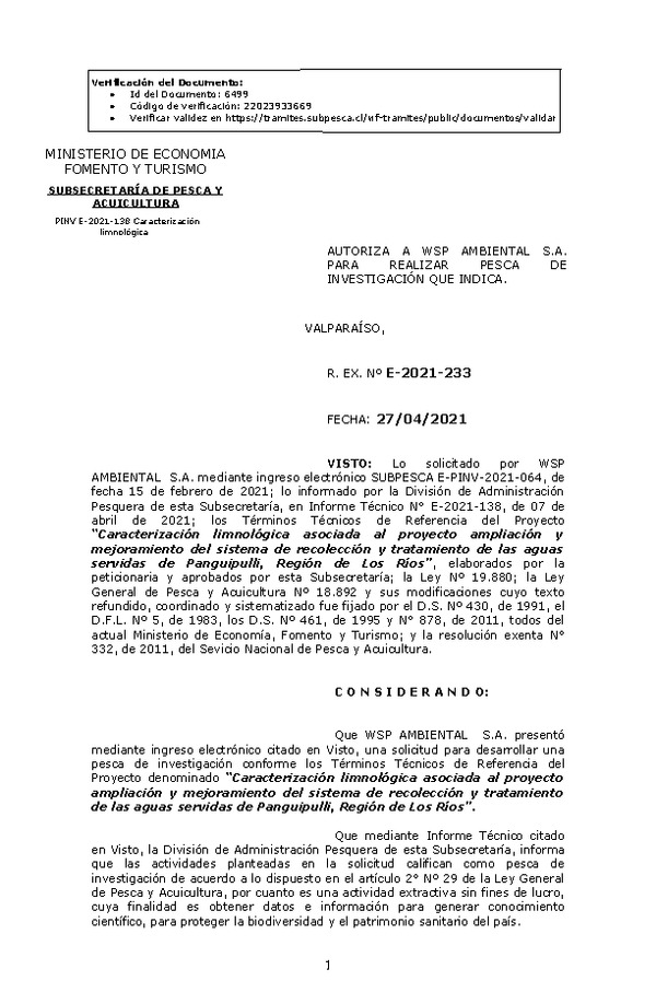 R. EX. Nº E-2021-233 Caracterización limnológica asociada al proyecto ampliación y mejoramiento del sistema de recolección y tratamiento de las aguas servidas de Panguipulli, Región de Los Ríos. (Publicado en Página Web 29-04-2021)