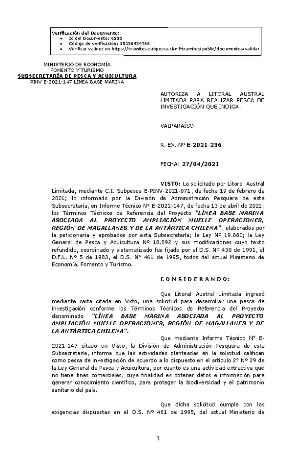 R. EX. Nº E-2021-236 LÍNEA BASE MARINA ASOCIADA AL PROYECTO AMPLIACIÓN MUELLE OPERACIONES, REGIÓN DE MAGALLANES Y DE LA ANTÁRTICA CHILENA. (Publicado en Página Web 29-04-2021)