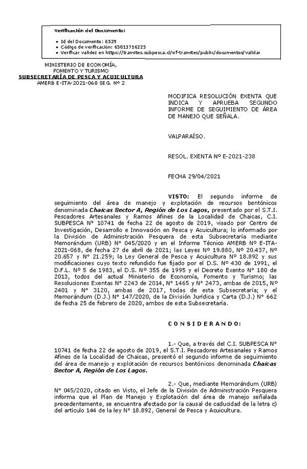 RESOL. EXENTA Nº E-2021-238 Modifica Resolución que Indica. Aprueba 2° Seguimiento. (Publicado en Página Web 29-04-2021)