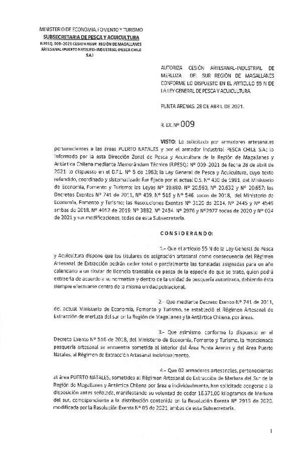 Res. Ex. N° 009-2021 (DZP Región de Magallanes) Autoriza cesión Merluza del Sur. (Publicado en Página Web 30-04-2021)