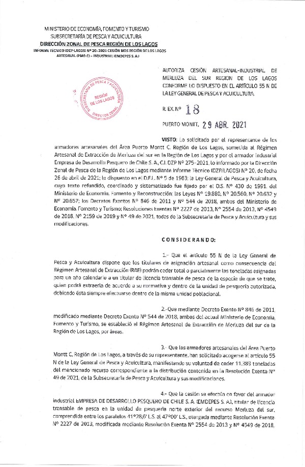 Res. Ex. N° 18-2021 (DZP Región de Los Lagos) Autoriza cesión Merluza del Sur (Publicado en Página Web 30-04-2021)