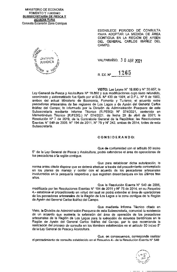 Res. Ex N° 1265-2021, Establece periodo de consulta para adoptar la medida de área contigua en la Región de Aysén del General Carlos Ibáñez del Campo (Publicado en Página Web 30-04-2021).