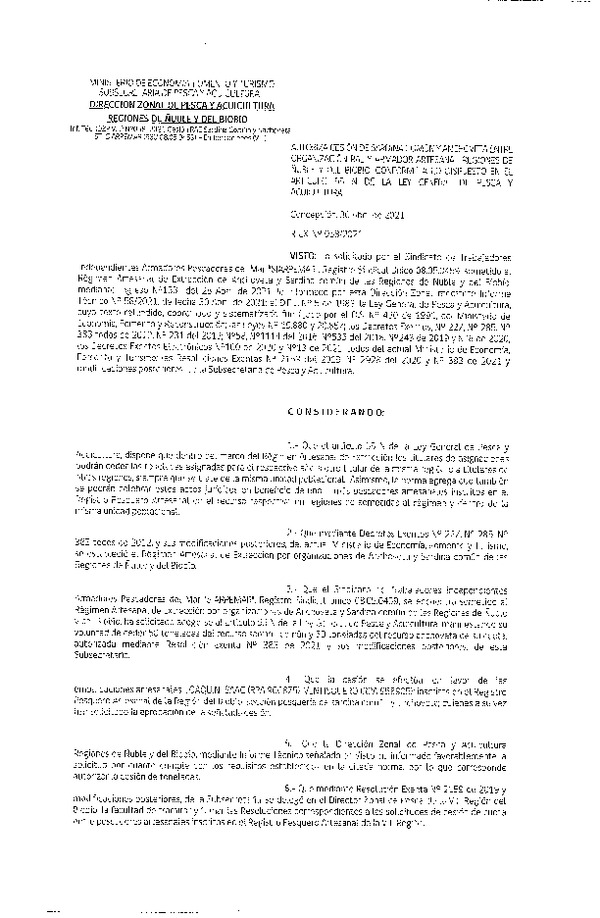 Res. Ex. N° 058-2021 (DZP Ñuble y del Biobío) Autoriza cesión Sardina Común y Anchoveta Región de Ñuble-Biobío (Publicado en Página Web 03-05-2021)