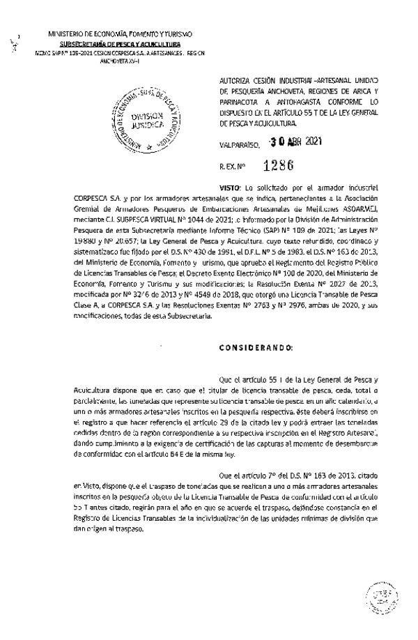 Res. Ex. N° 1286-2021 Autoriza Cesión Anchoveta, Regiones de Arica y Parinacota a Región de Antofagasta. (Publicado en Página Web 03-05-2021)