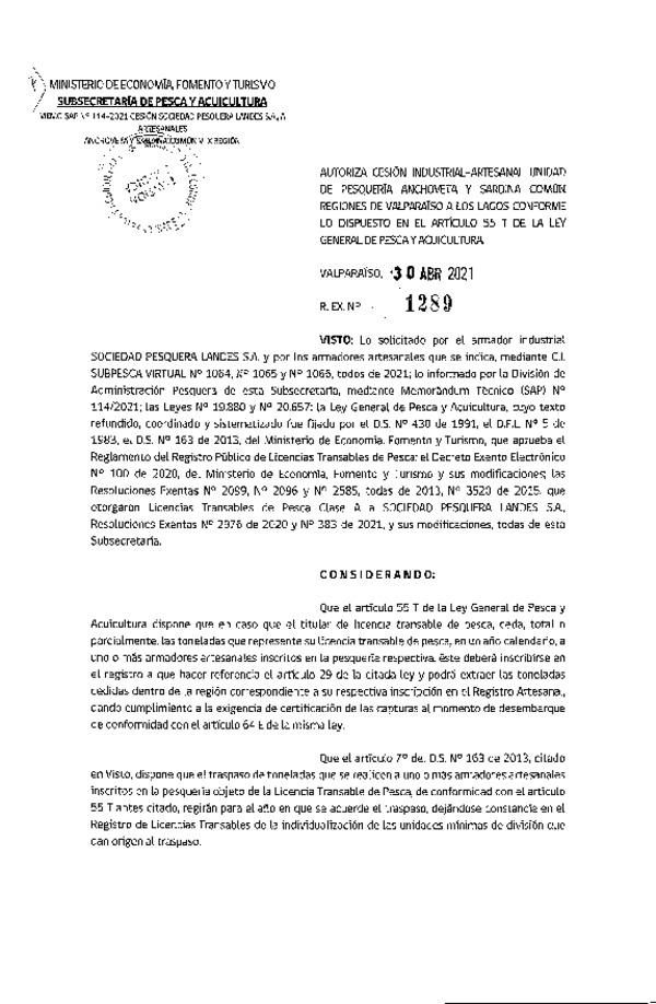Res. Ex. N° 1289-2021 Autoriza Cesión Anchoveta y Sardina común, Regiones de Valparaíso a Los Lagos. (Publicado en Página Web 03-05-2021)