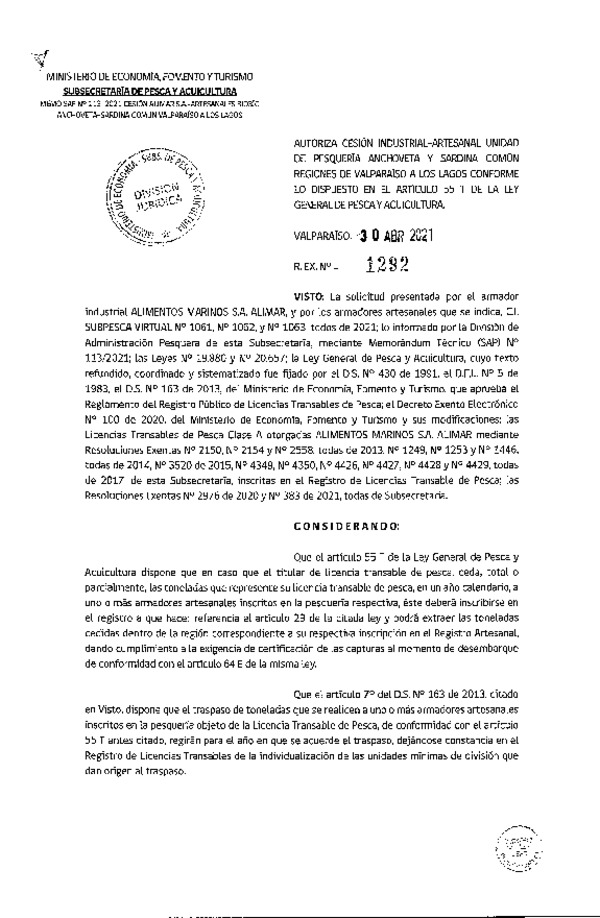Res. Ex. N° 1292-2021 Autoriza Cesión Anchoveta y Sardina común, Regiones de Valparaíso a Los Lagos. (Publicado en Página Web 03-05-2021)