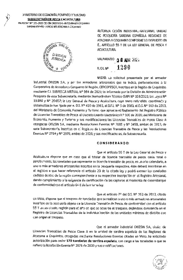 Res. Ex. N° 1290-2021 Autoriza cesión pesquería Sardina Española, Regiones de Atacama a Coquimbo. (Publicado en Página Web 03-05-2021)