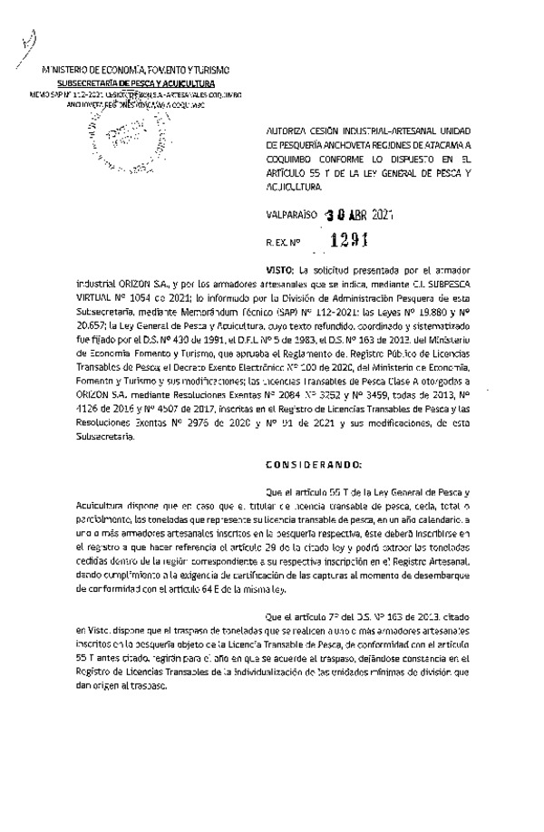 Res. Ex. N° 1291-2021 Autoriza cesión pesquería Anchoveta, Regiones de Atacama a Coquimbo. (Publicado en Página Web 03-05-2021)