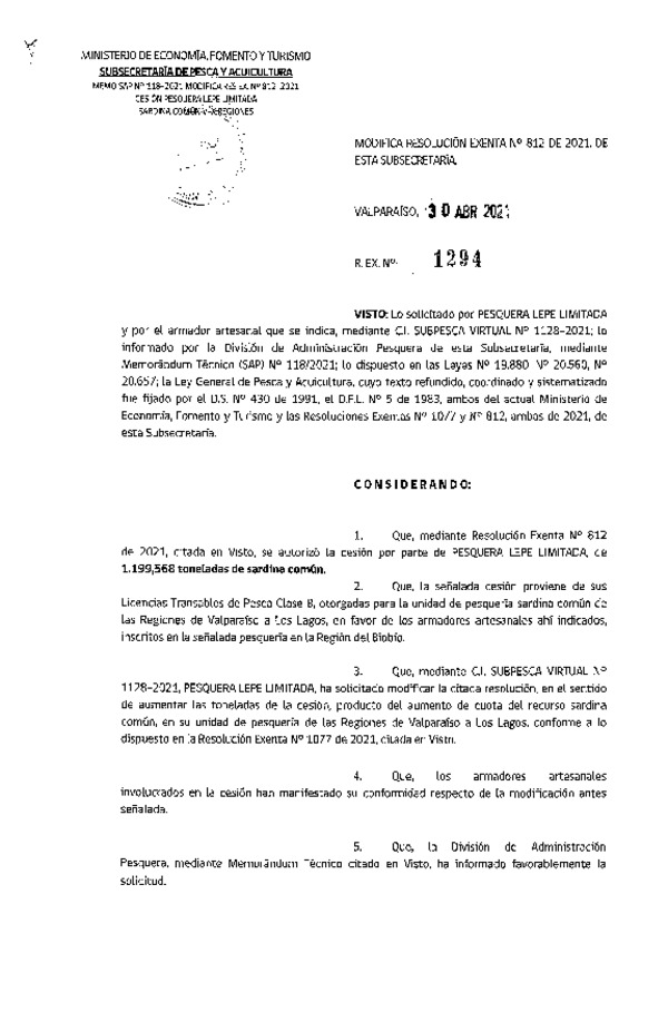 Res. Ex. N° 1294-2021 Modifica 	Res. Ex. N° 812-2021 Autoriza cesión pesquería Sardina común, Regiones de Valparaíso a Los Lagos. (Publicado en Página Web 03-05-2021)